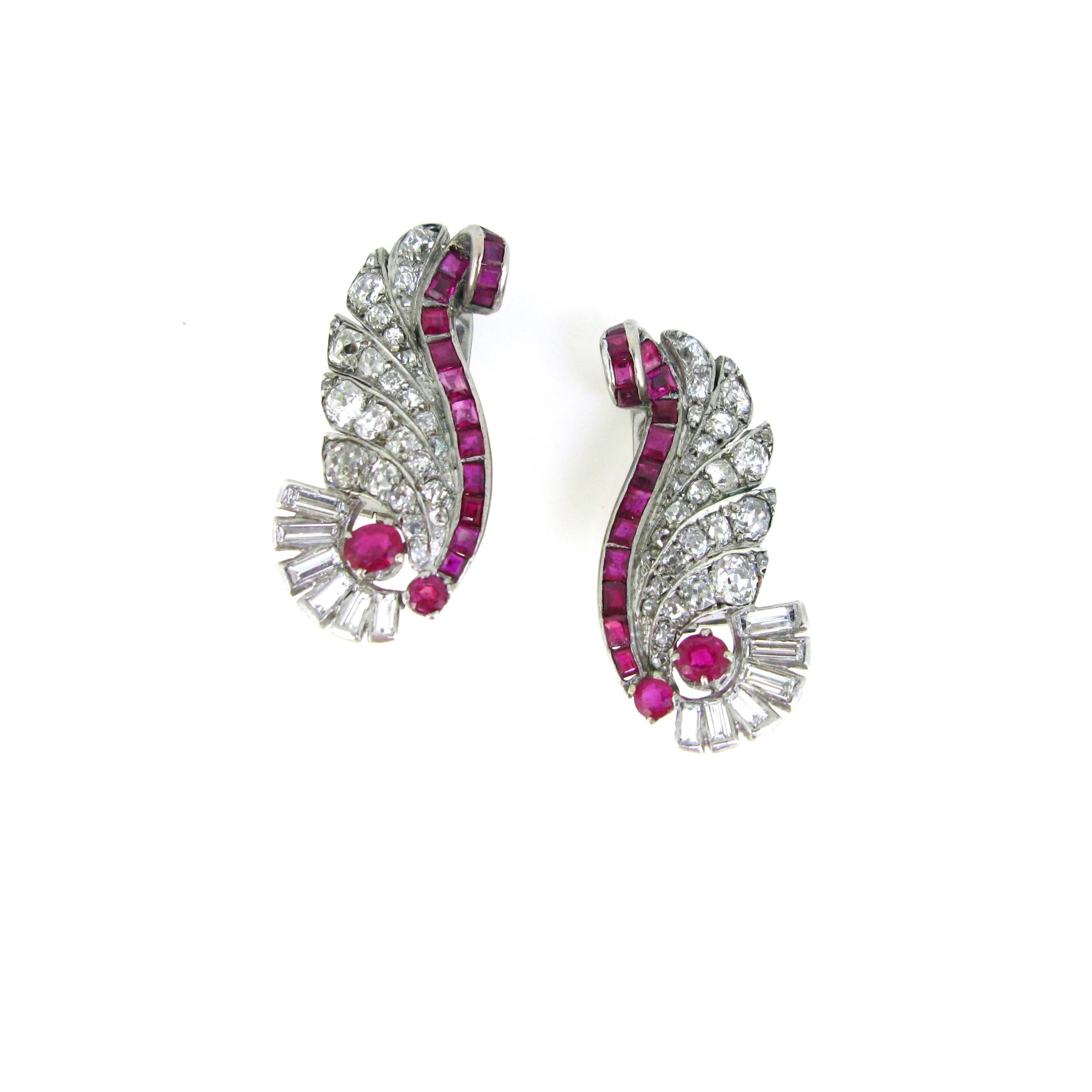 Women's or Men's Art Deco Ruby Diamonds Geometric Design Fashion Studs Clips Earrings