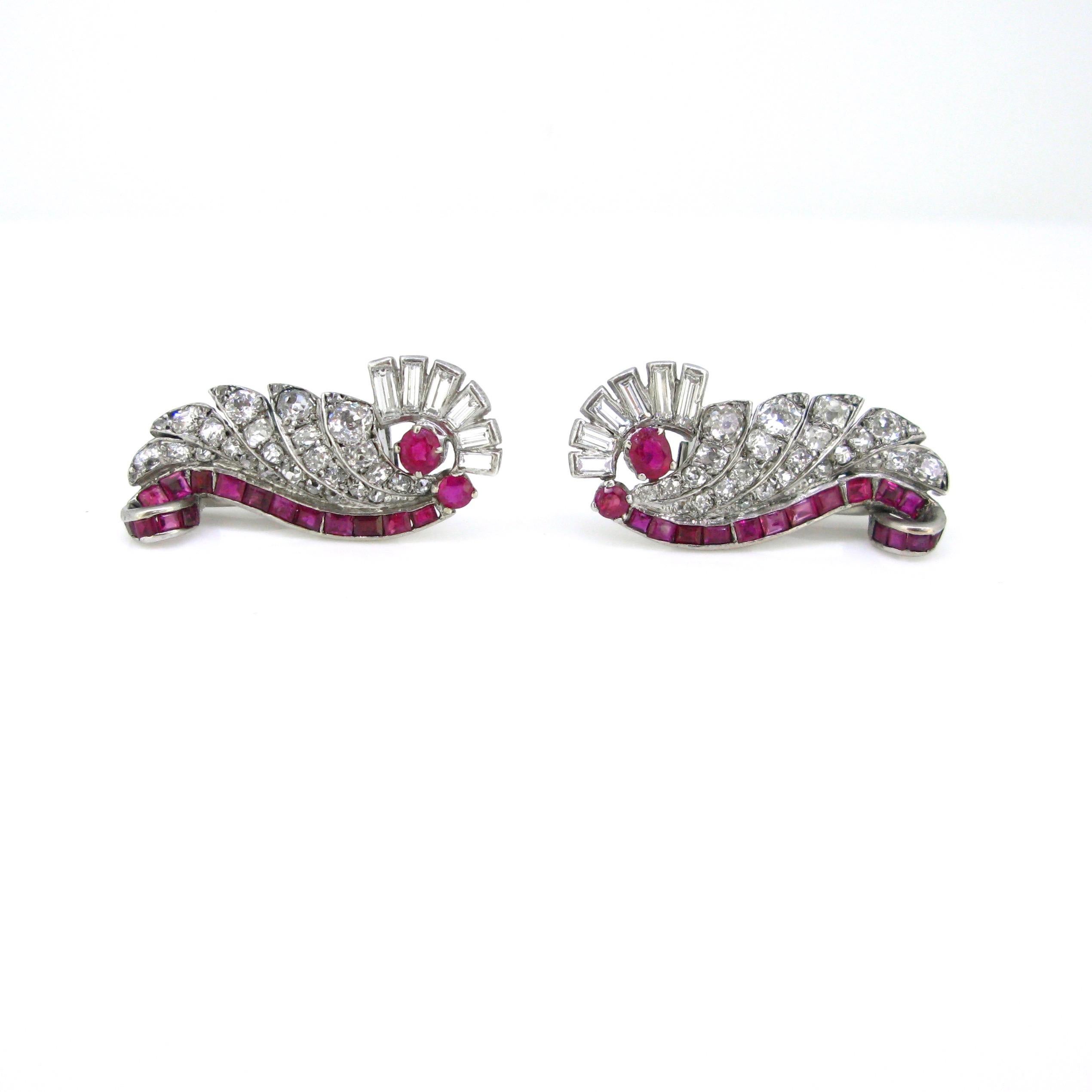 Art Deco Ruby Diamonds Geometric Design Fashion Studs Clips Earrings 1