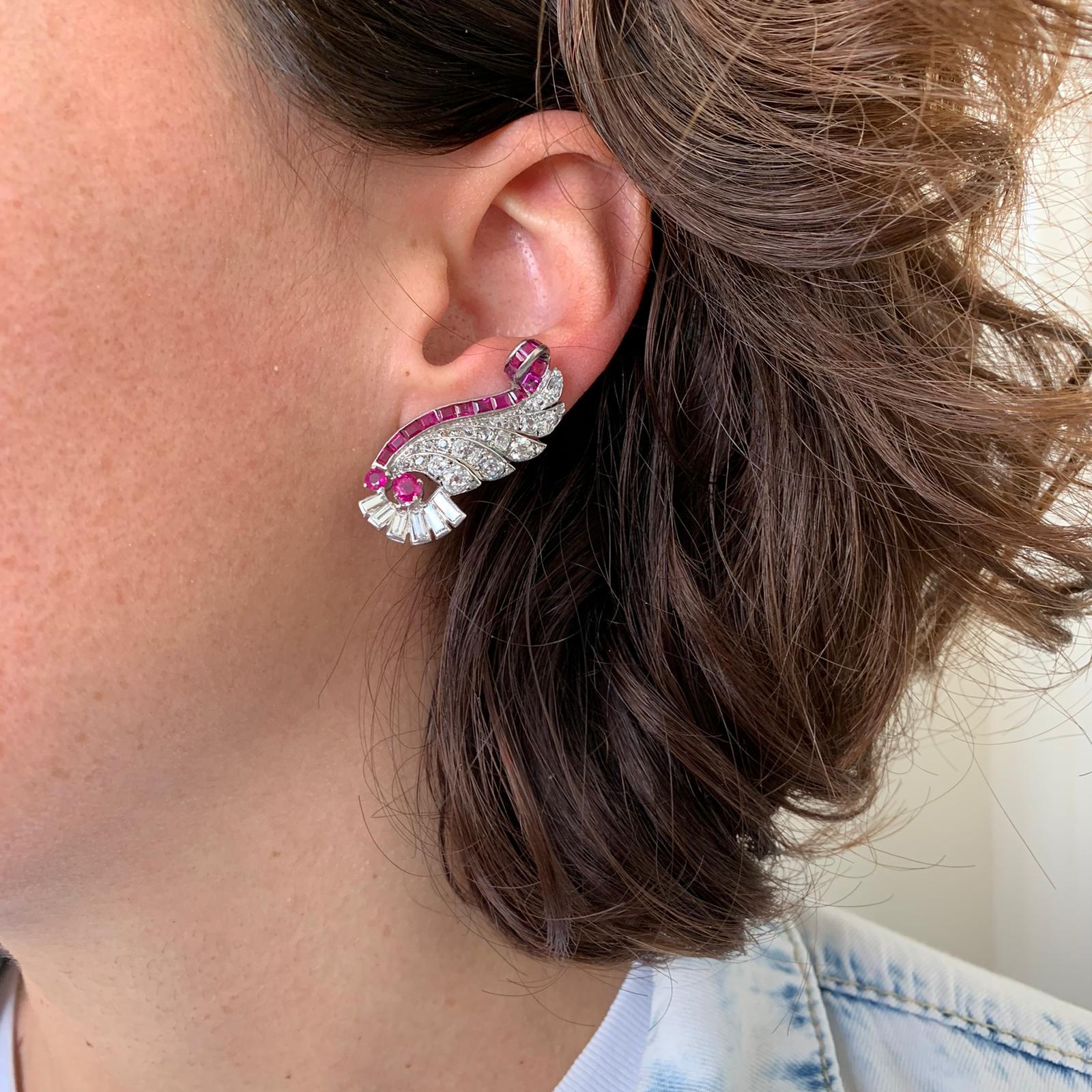 Art Deco Ruby Diamonds Geometric Design Fashion Studs Clips Earrings 3