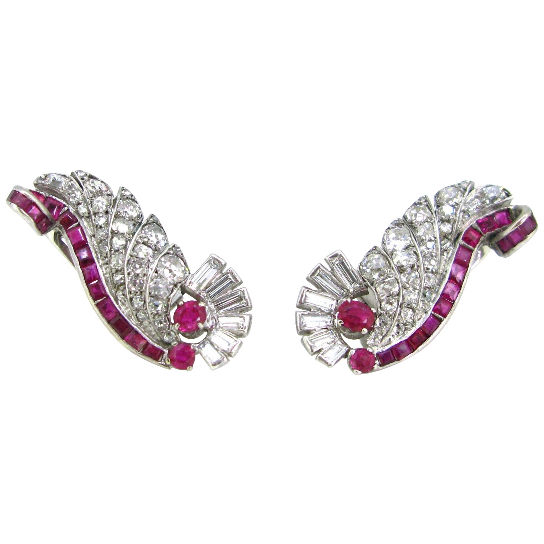 Art Deco Ruby Diamonds Geometric Design Fashion Studs Clips Earrings