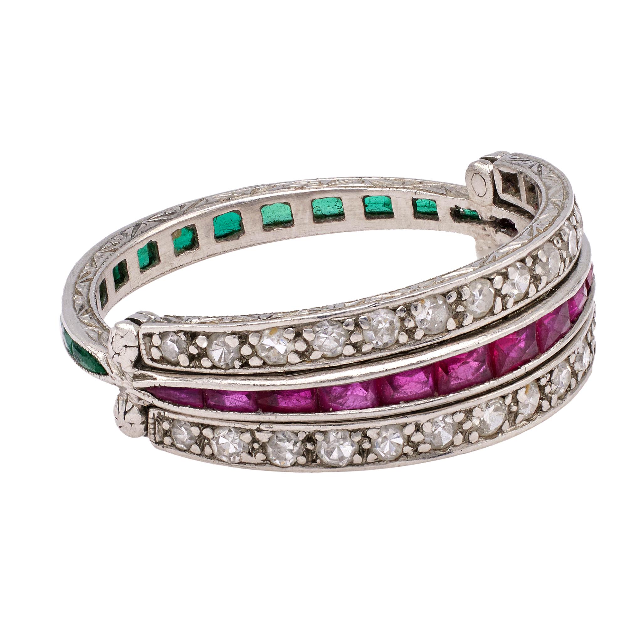 Platin- Flip-Ring mit Rubin, Smaragd und Diamant im Art déco-Stil für Damen oder Herren