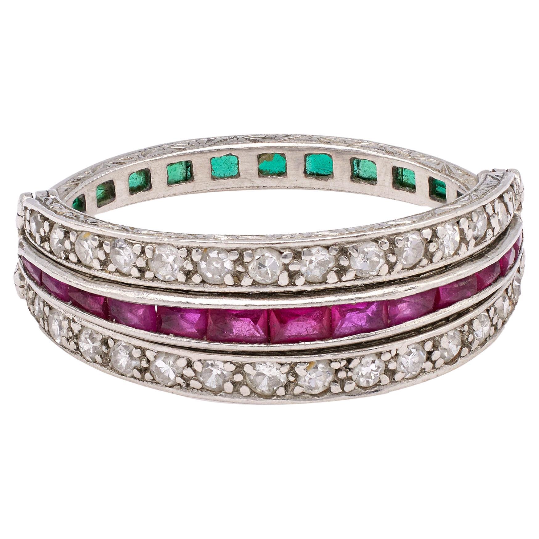Art Deco Ruby, Emerald, and Diamond Platinum Flip Ring