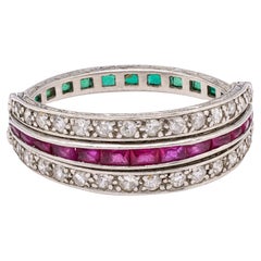 Platin- Flip-Ring mit Rubin, Smaragd und Diamant im Art déco-Stil