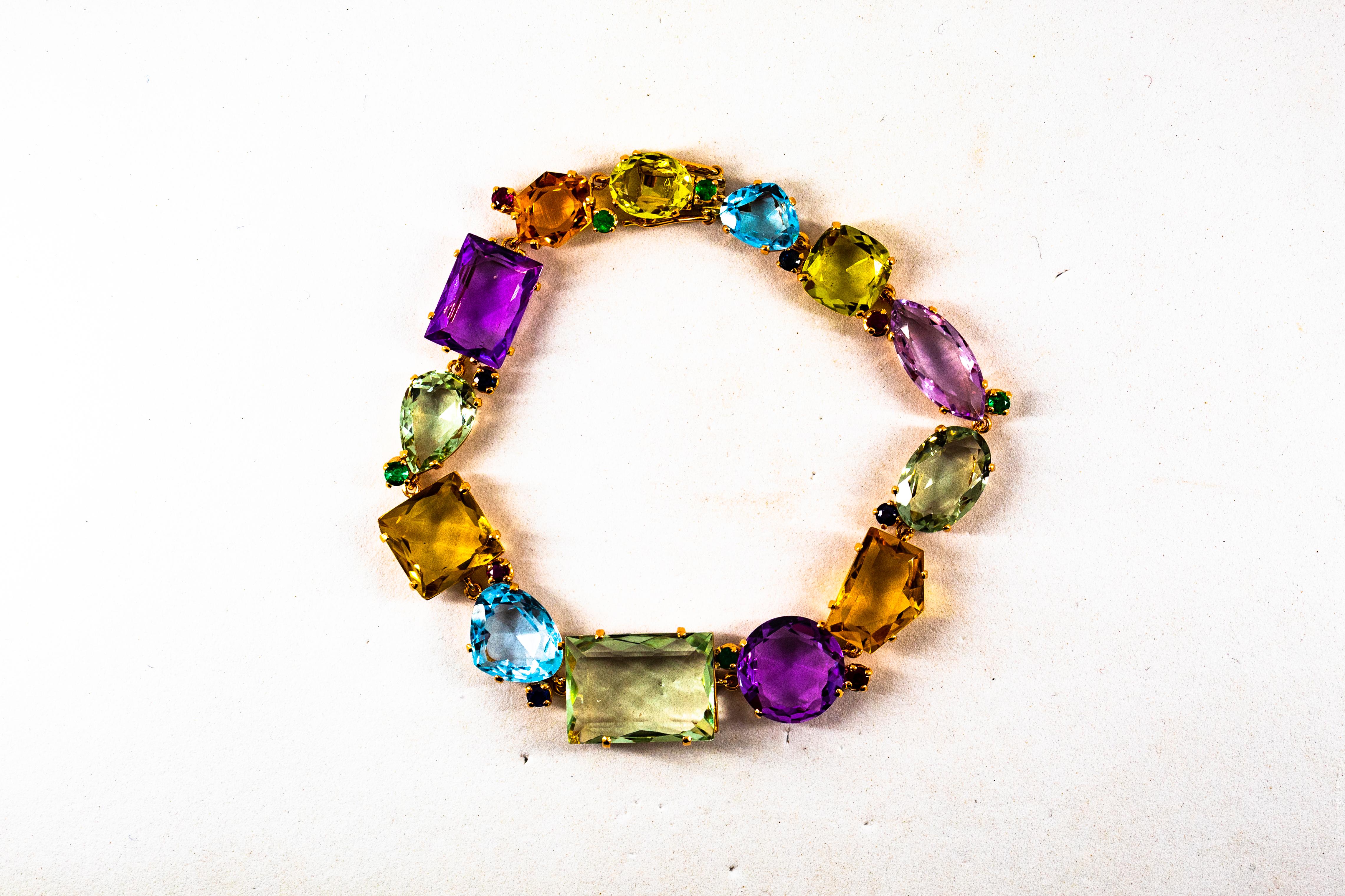 Mixed Cut Art Deco Style Ruby Emerald Sapphire Amethyst Citrine Topaz Yellow Gold Bracelet