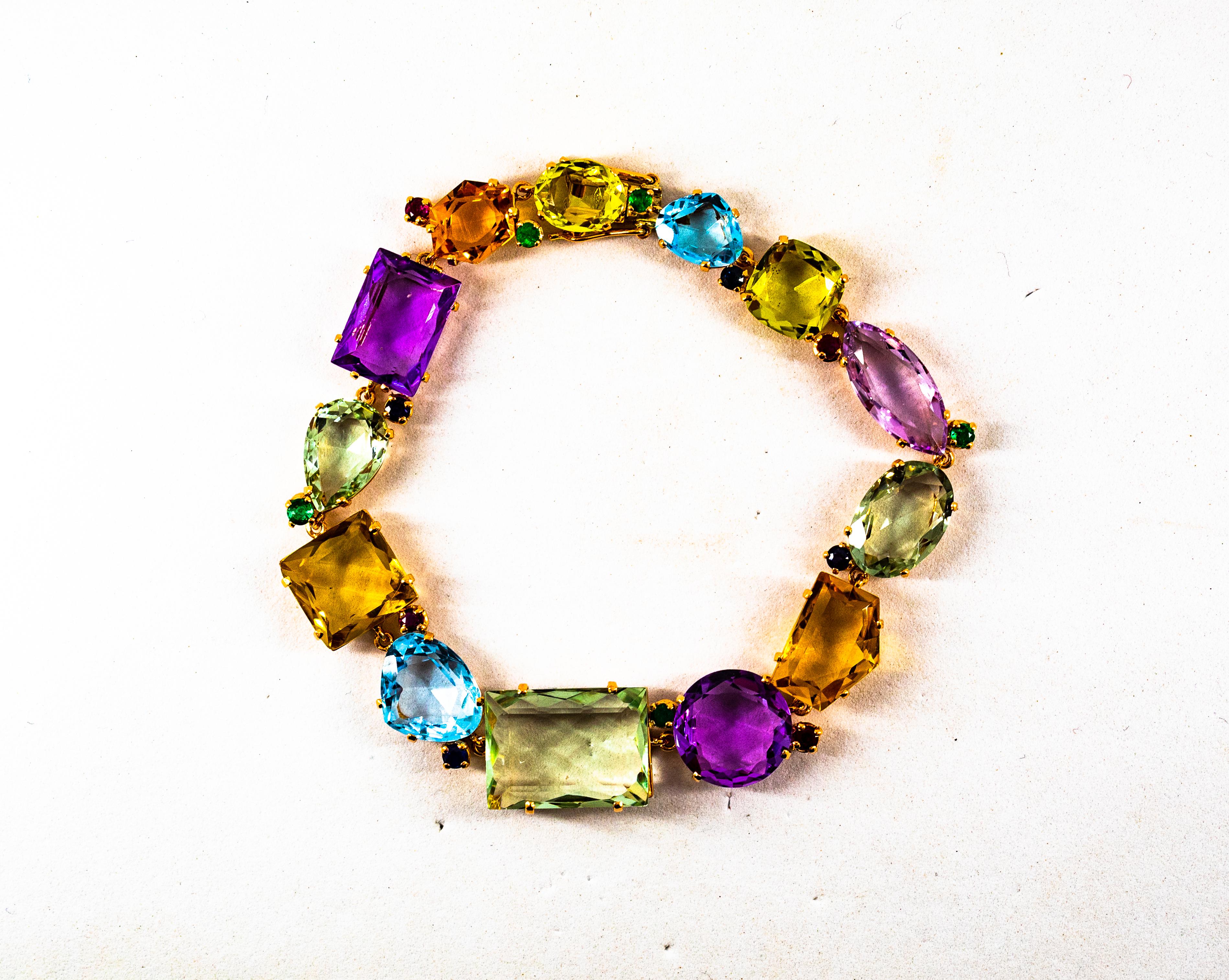 Art Deco Style Ruby Emerald Sapphire Amethyst Citrine Topaz Yellow Gold Bracelet In New Condition In Naples, IT