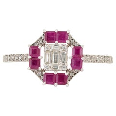 Art Deco Ruby & Emerald-Cut Diamond Geometric Cluster Ring in 14K White Gold
