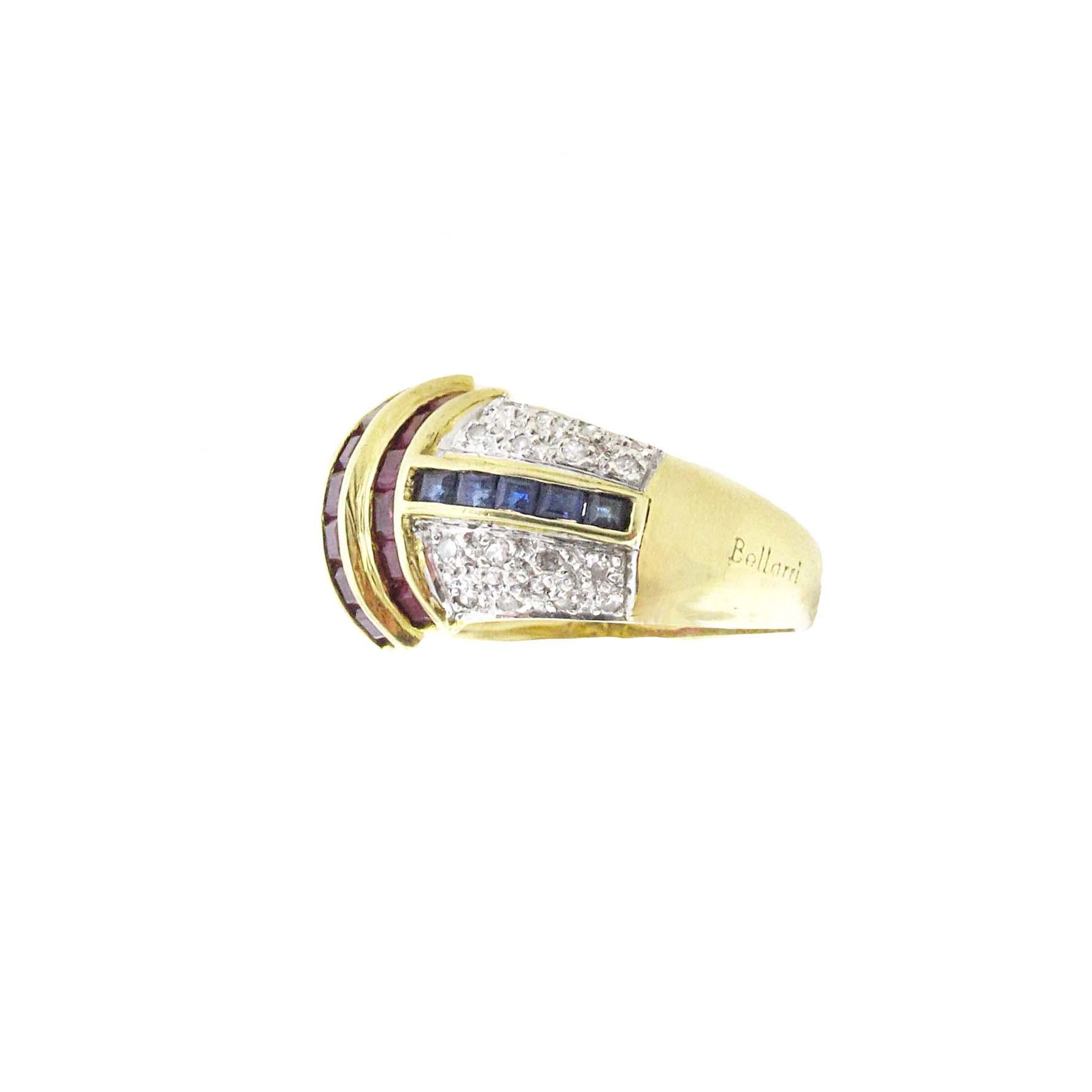 This 18 karat yellow gold Art Deco, Dome ring is in excellent condition. There are round brilliant diamonds set on each side, rubies, sapphires and emeralds that are channel set. When stones are channel set its adds an additional way to hold the