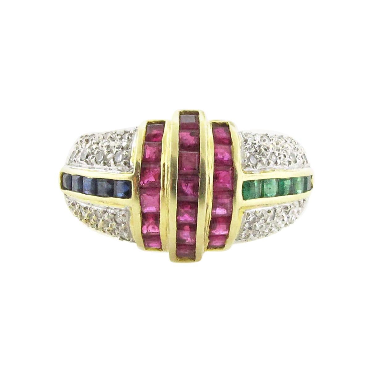 Art Deco Ruby, Emerald, Diamond and Sapphire Ring