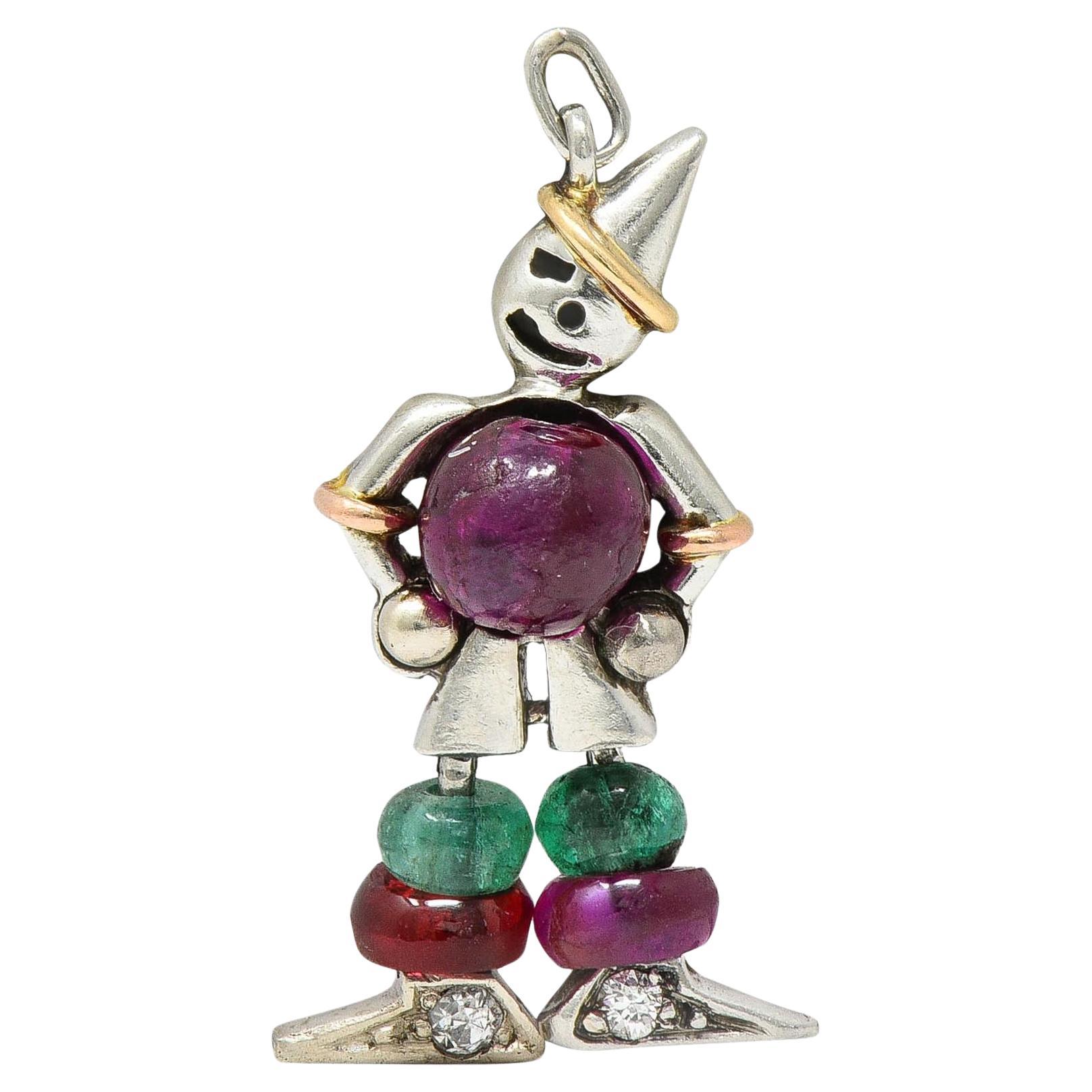Art Decó Rubí Esmeralda Diamante Platino Oro 14 Kilates Amuleto Payaso Vintage