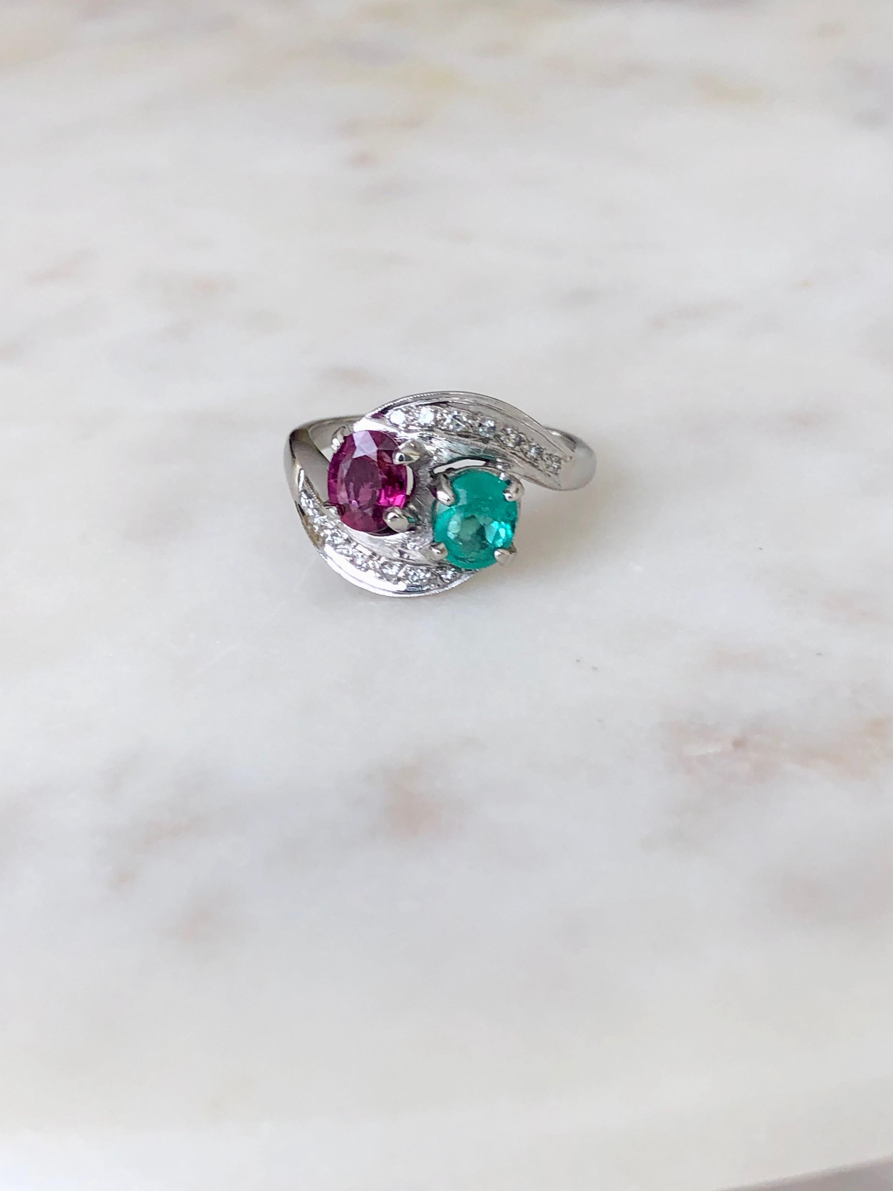 Oval Cut Art Deco Toi et Moi Ruby Emerald Diamond Platinum Ring