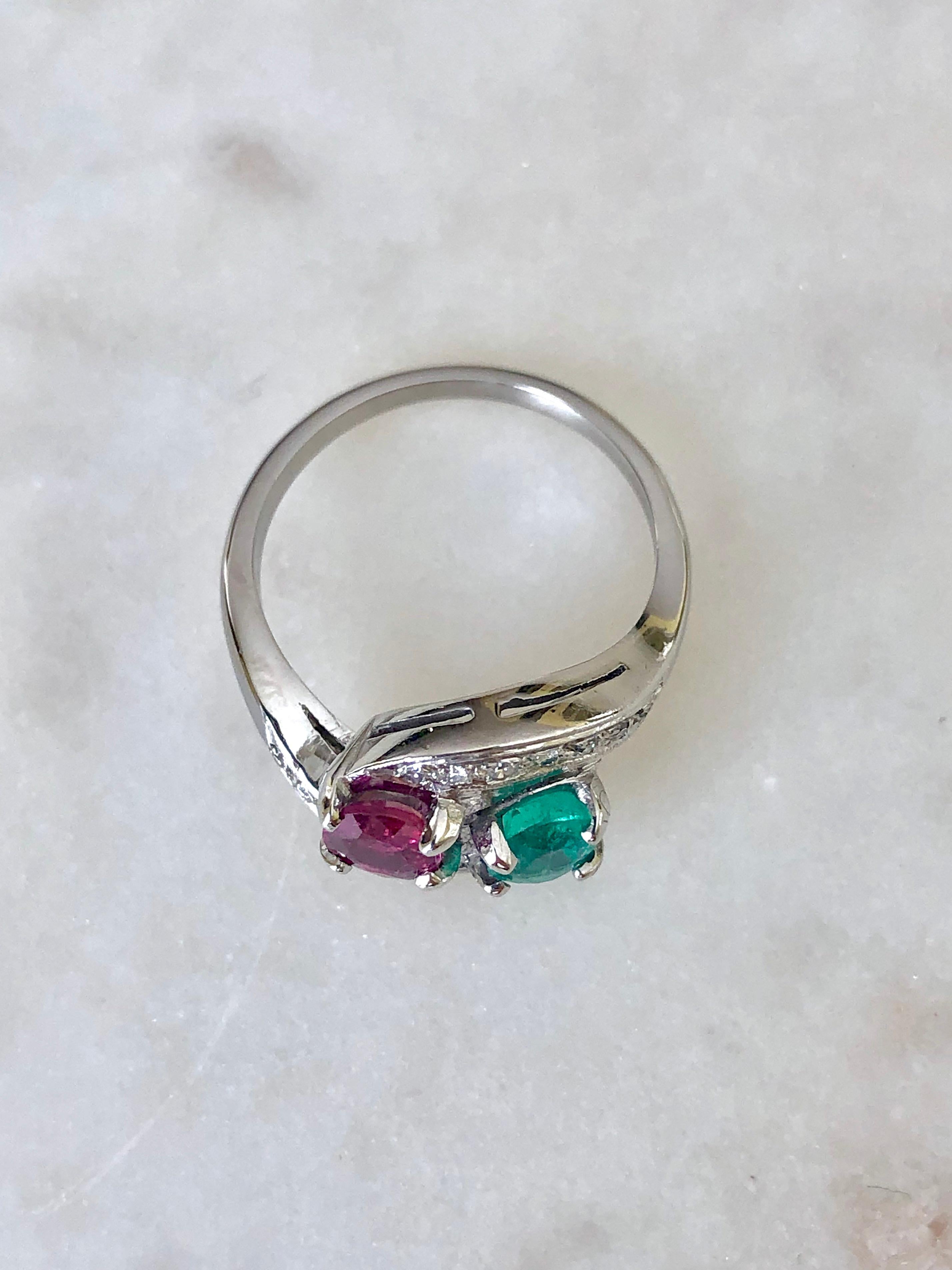 Art Deco Toi et Moi Ruby Emerald Diamond Platinum Ring 1