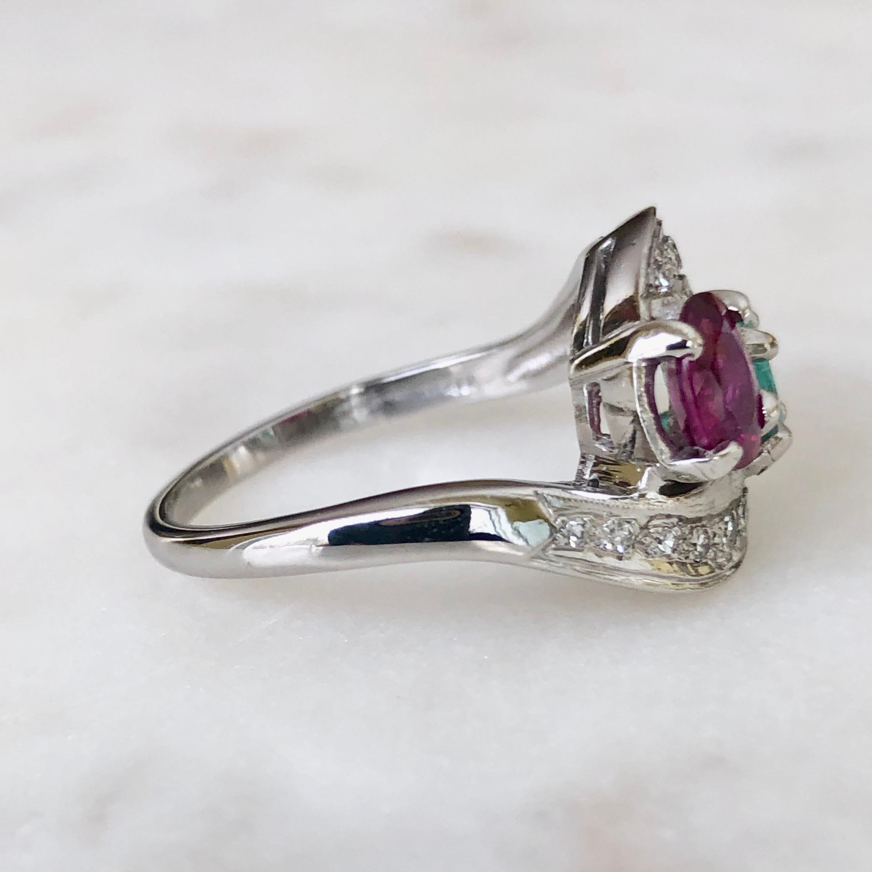 Art Deco Toi et Moi Ruby Emerald Diamond Platinum Ring 3