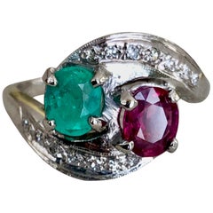 Art Deco Toi et Moi Ruby Emerald Diamond Platinum Ring