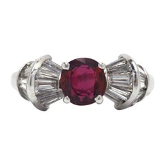 Art Deco Ruby Engagement Ring Diamond Baguette Bow Design Vintage Estate Gem