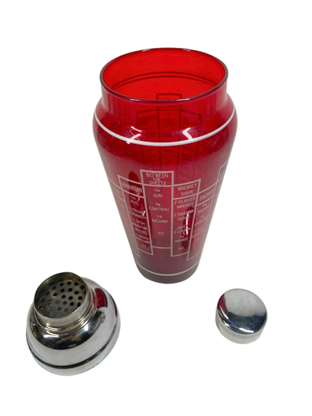 American Art Deco Ruby Glass 16 Recipe Cocktail Shaker with Domed Chrome Lid For Sale