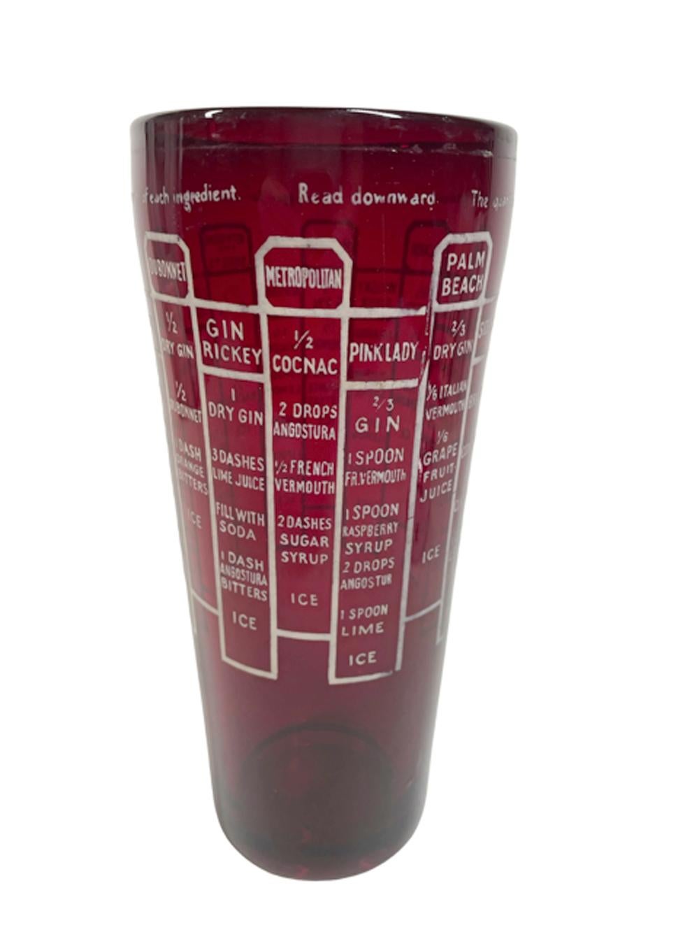 Américain Shaker à cocktail Art Déco 16 recettes en verre rubis avec couvercle chromé bombé en vente