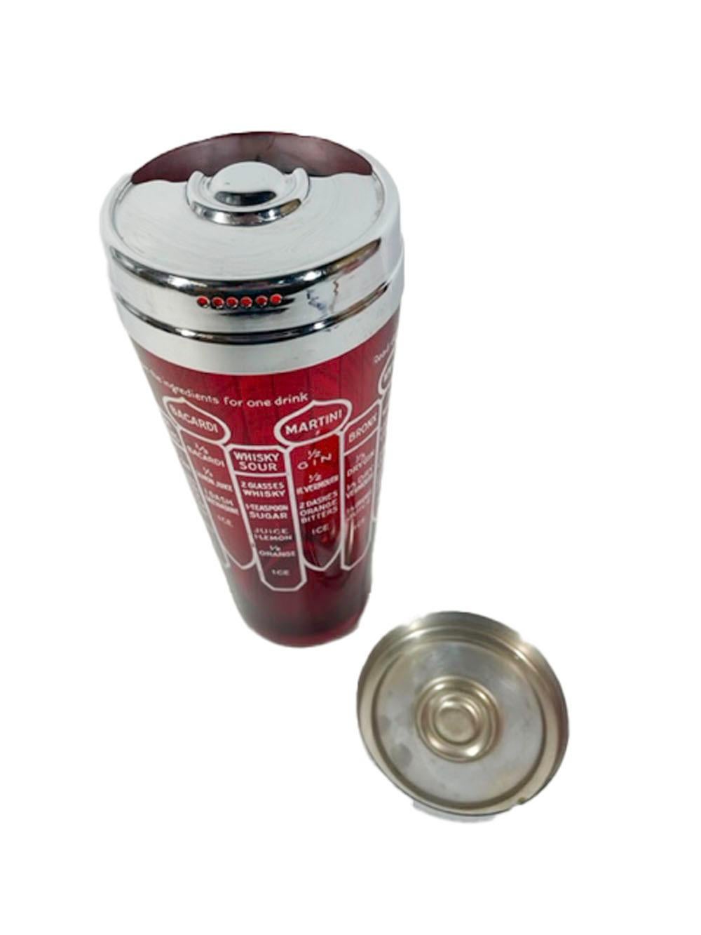 American Art Deco Ruby Glass Cocktail Shaker with 14 Recipes in White Text and Graphics