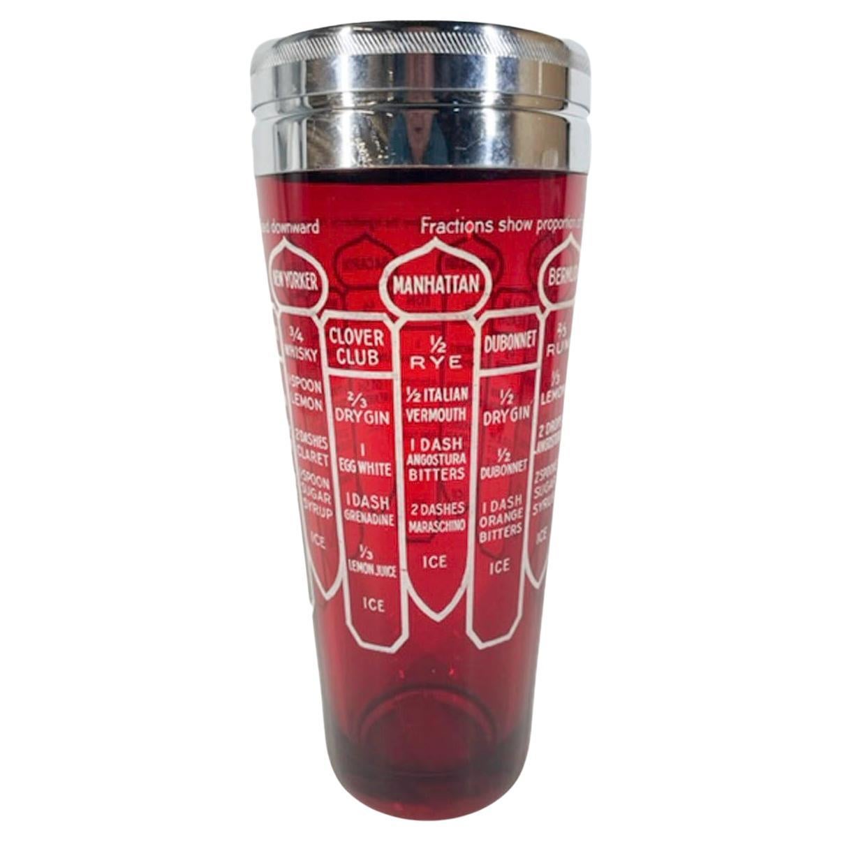 Art Deco Ruby Glass Cocktail Shaker with 14 Recipes in White Text and Graphics