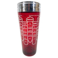 Art Deco Ruby Glass Cocktail Shaker with 14 Recipes in White Text and Graphics