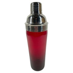 Art Deco Ruby Glass Cocktail Shaker with Chrome Rim and Cover with Strainer