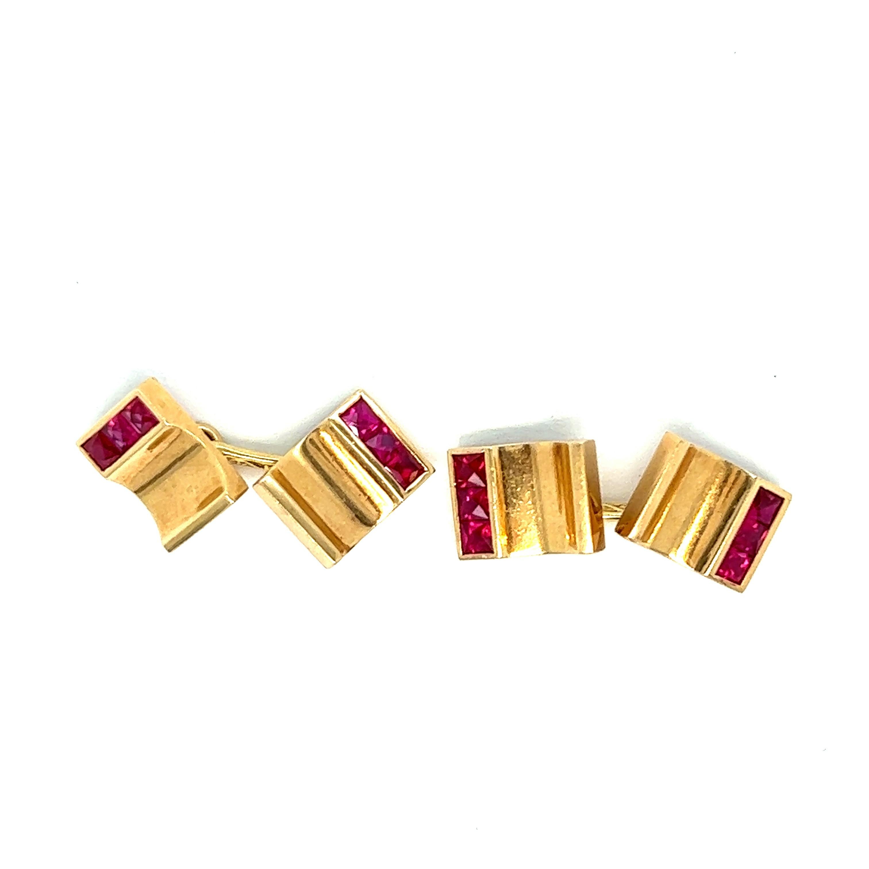 Art Deco Ruby Gold Cufflinks In Excellent Condition For Sale In New York, NY