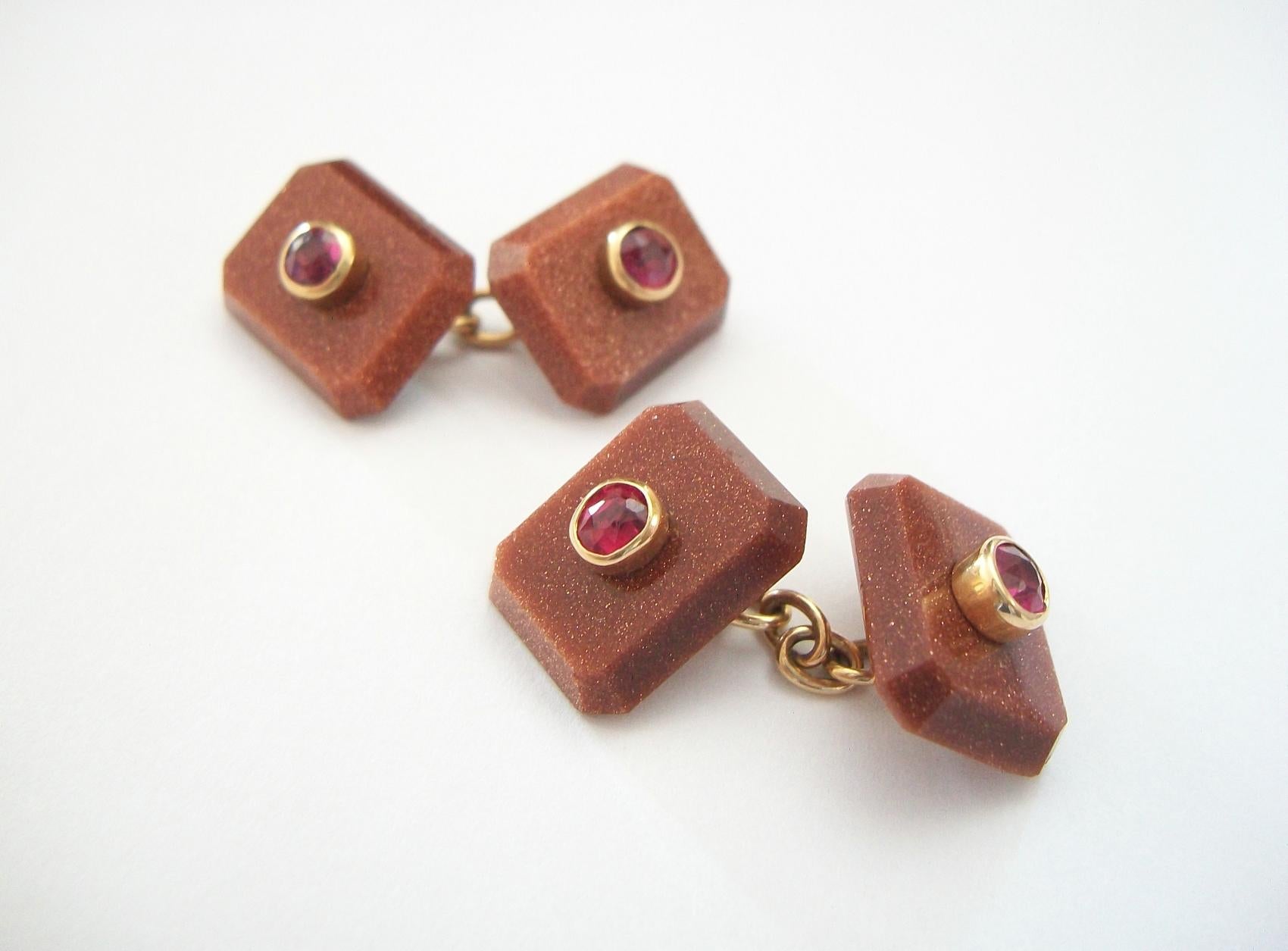 Art Deco Ruby, Goldstone and 18K yellow gold cufflinks - refined and elegant - hand made to the highest quality - each old round cut Ruby bezel set (approx. 1.38 total carat weight - .28 to .40 carats each) - Goldstone backs with beveled edges -