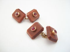 Art Deco Ruby, Goldstone & 18K Yellow Gold Cufflinks, U.K, Circa 1920's