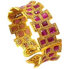 Art Deco Style Ruby Mosaic 20 Karat Yellow Gold Coomi Cuff Bracelet
