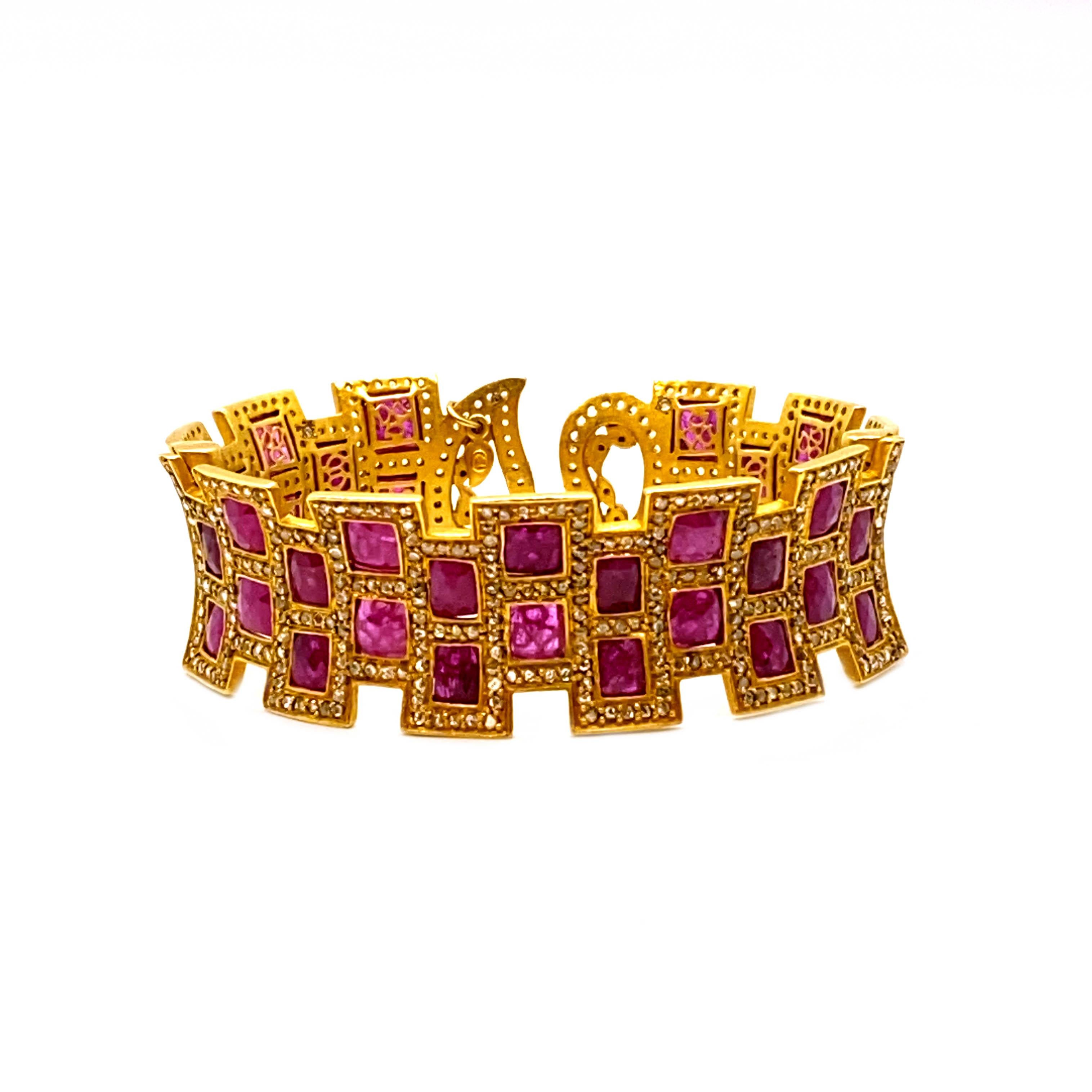 Square Cut Art Deco Style Ruby Mosaic 20 Karat Yellow Gold Coomi Cuff Bracelet For Sale