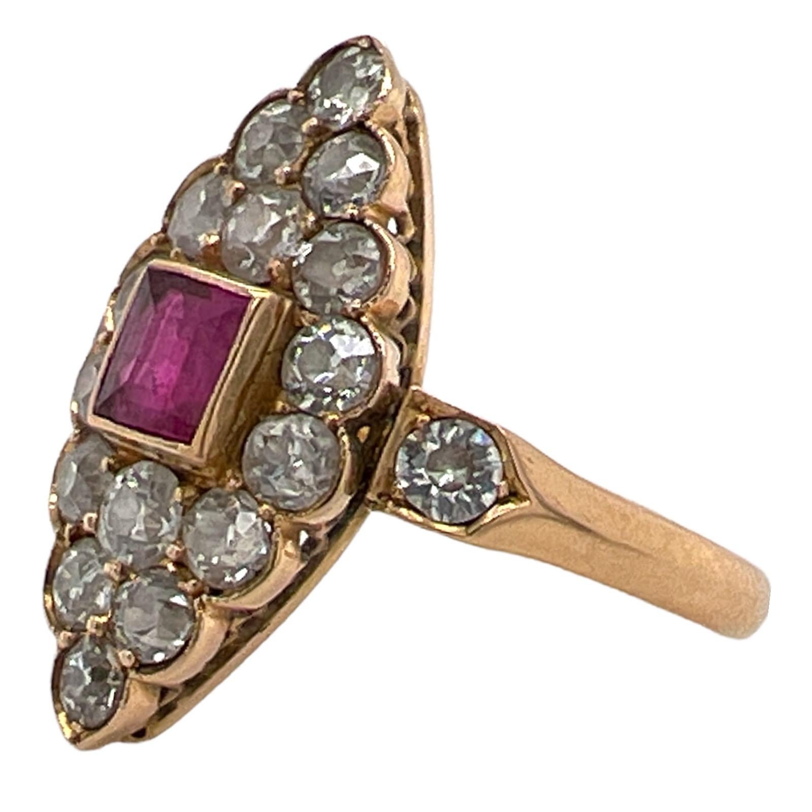 Art Deco Ruby Old European Diamond 18 Karat Yellow Gold Navette Cocktail Ring In Excellent Condition In Boca Raton, FL