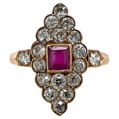 Art Deco Ruby Old European Diamond 18 Karat Yellow Gold Navette Cocktail Ring
