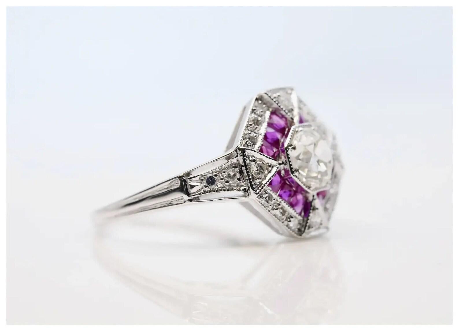 Art Deco Ruby & Old Mine Cut Diamond Ring in 14K White Gold In Good Condition For Sale In Boston, MA