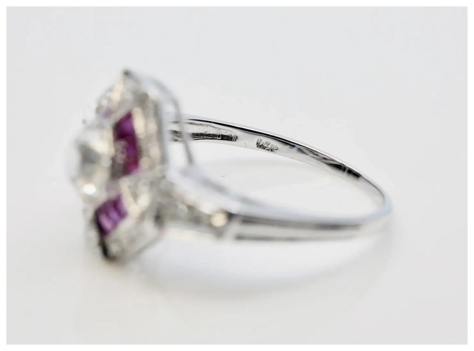 Women's Art Deco Ruby & Old Mine Cut Diamond Ring in 14K White Gold For Sale