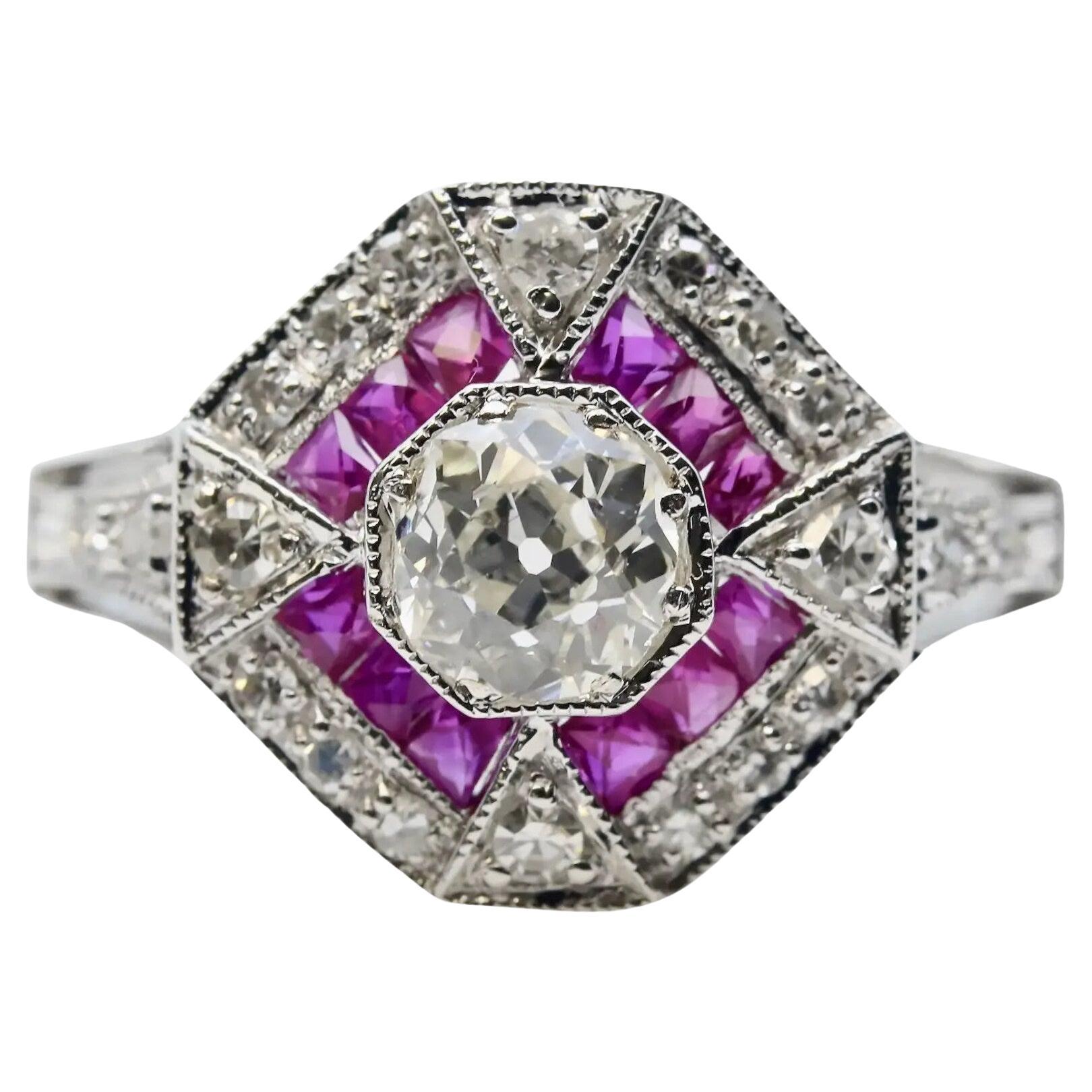 Art Deco Ruby & Old Mine Cut Diamond Ring in 14K White Gold For Sale