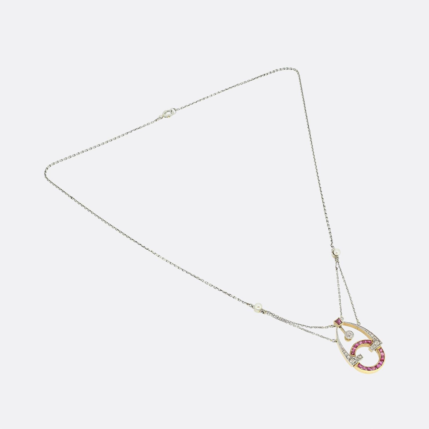 Collier Art déco en rubis, perles et diamants Bon état - En vente à London, GB