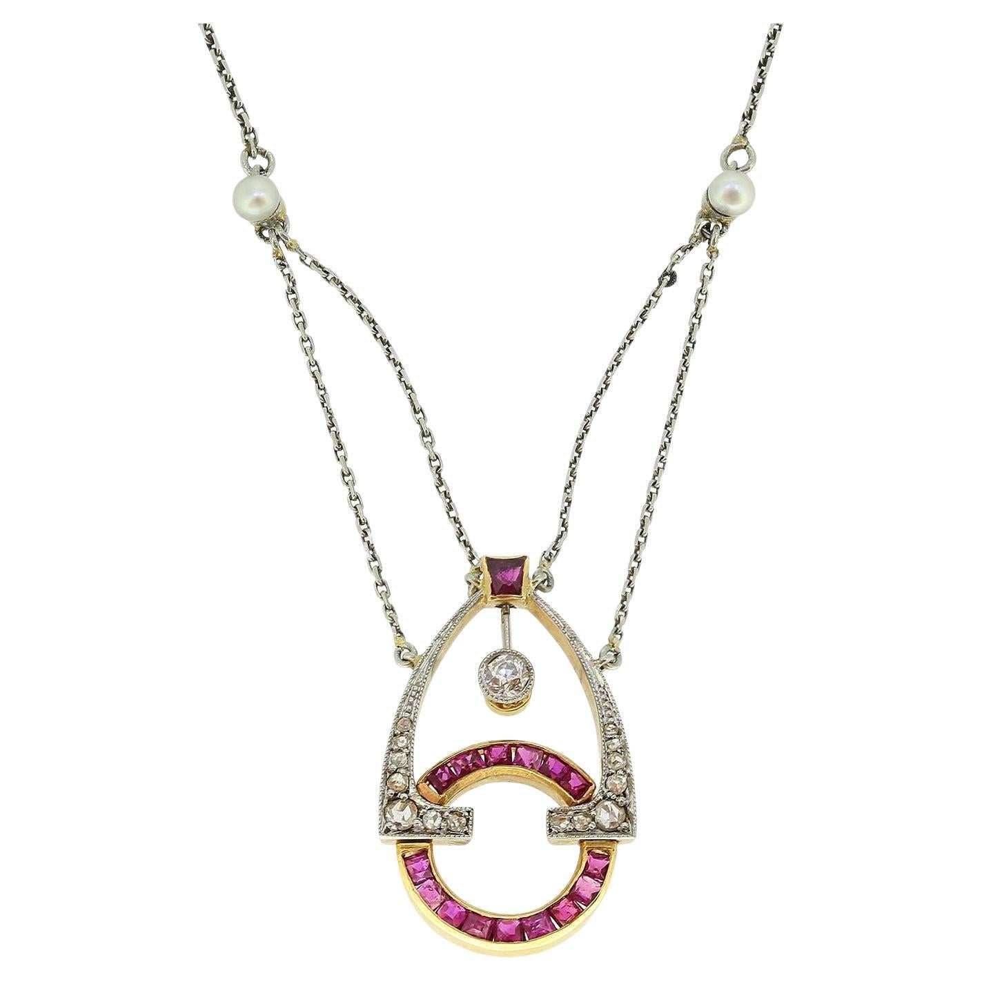 Art Deco Ruby Pearl and Diamond Necklace