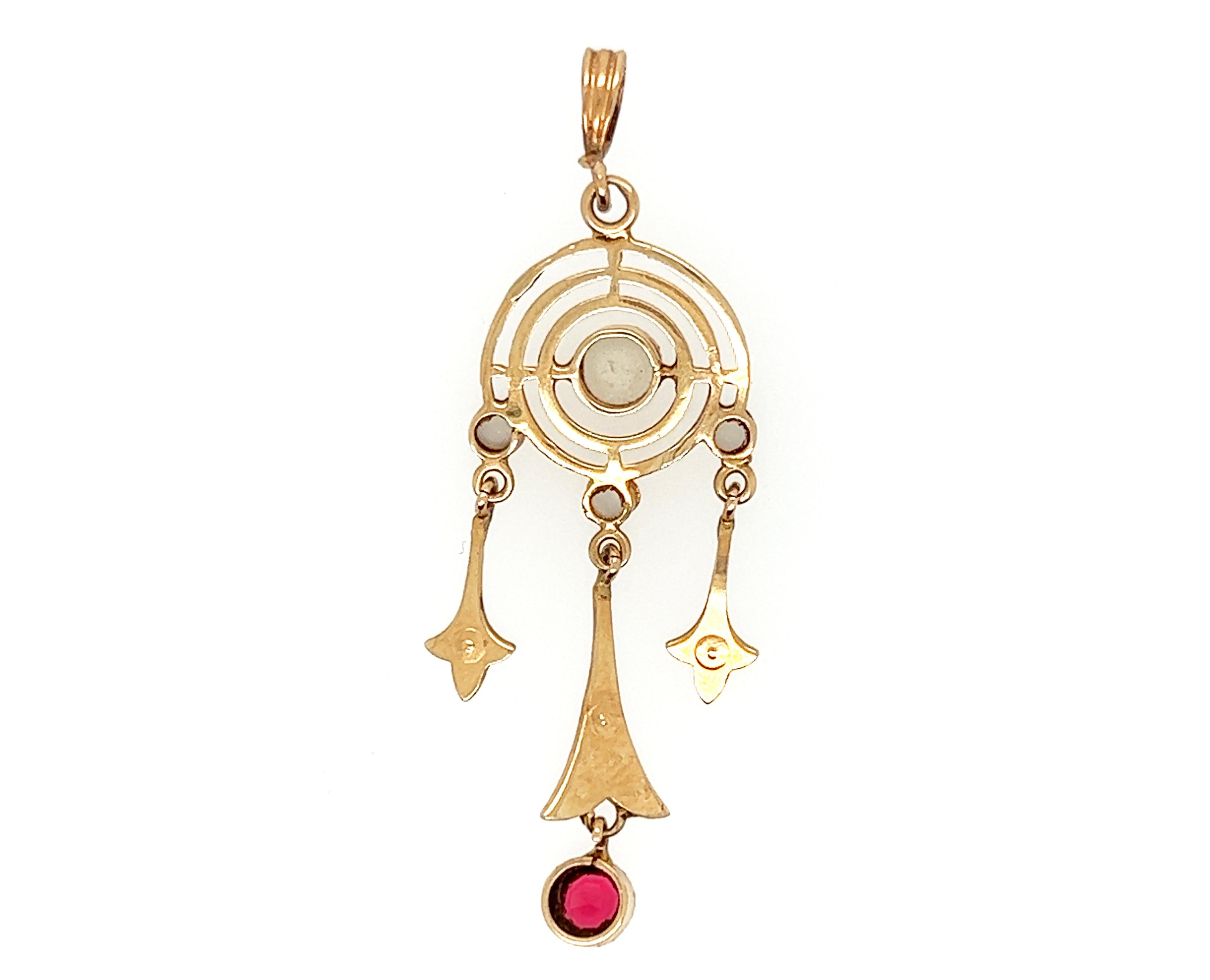 Art Deco Rubin Perle Lavalier Anhänger Halskette .50ct Antike Original 1910er Jahre 14k (Art déco)