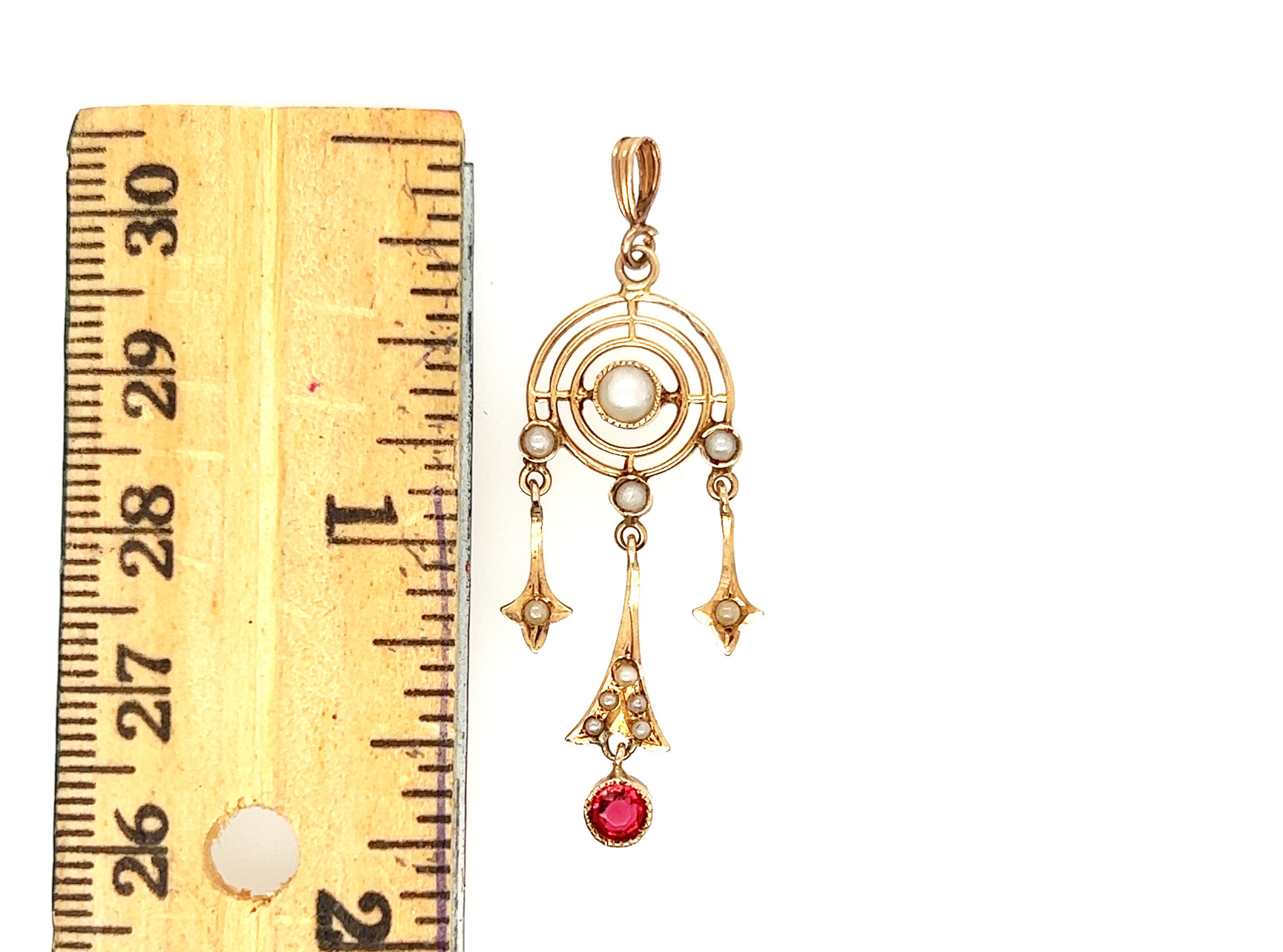 Art Deco Rubin Perle Lavalier Anhänger Halskette .50ct Antike Original 1910er Jahre 14k (Rundschliff)