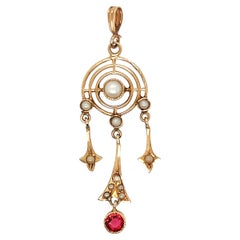 Art Deco Rubin Perle Lavalier Anhänger Halskette .50ct Antike Original 1910er Jahre 14k