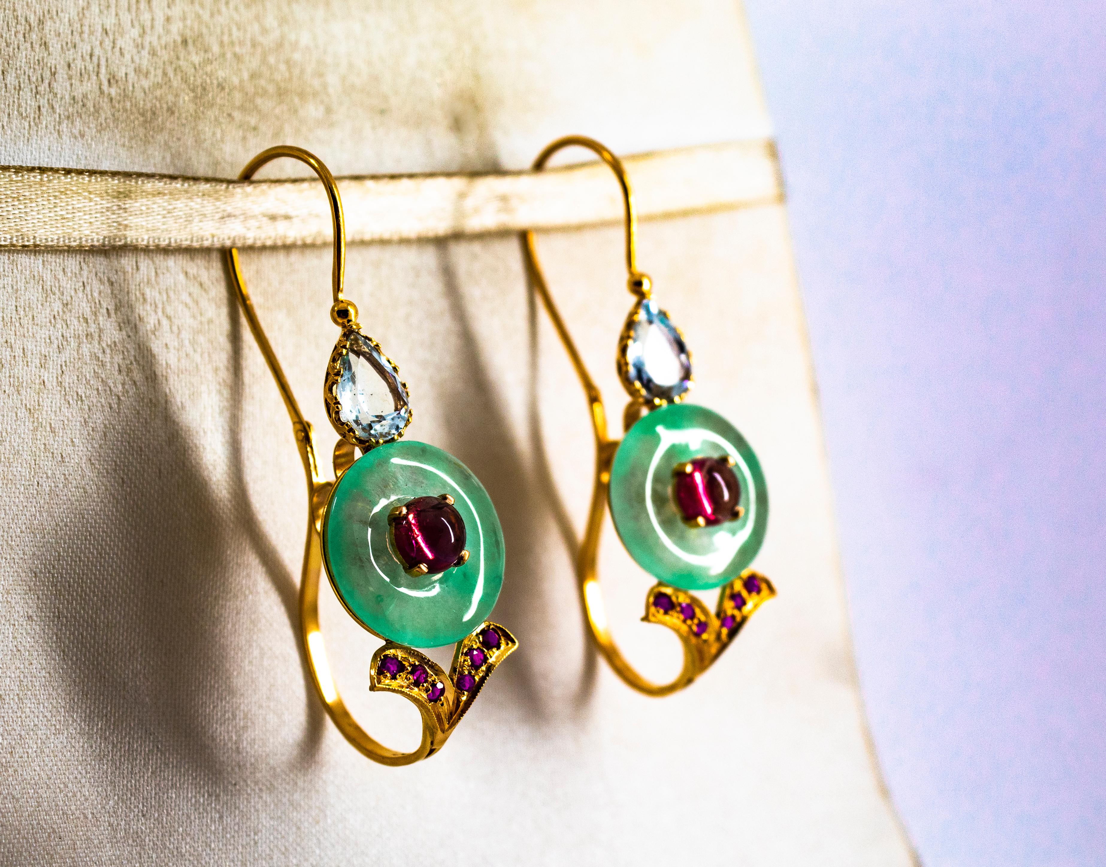 Art Deco Style Ruby Tourmaline Jade Aquamarine Yellow Gold Lever-Back Earrings In New Condition In Naples, IT