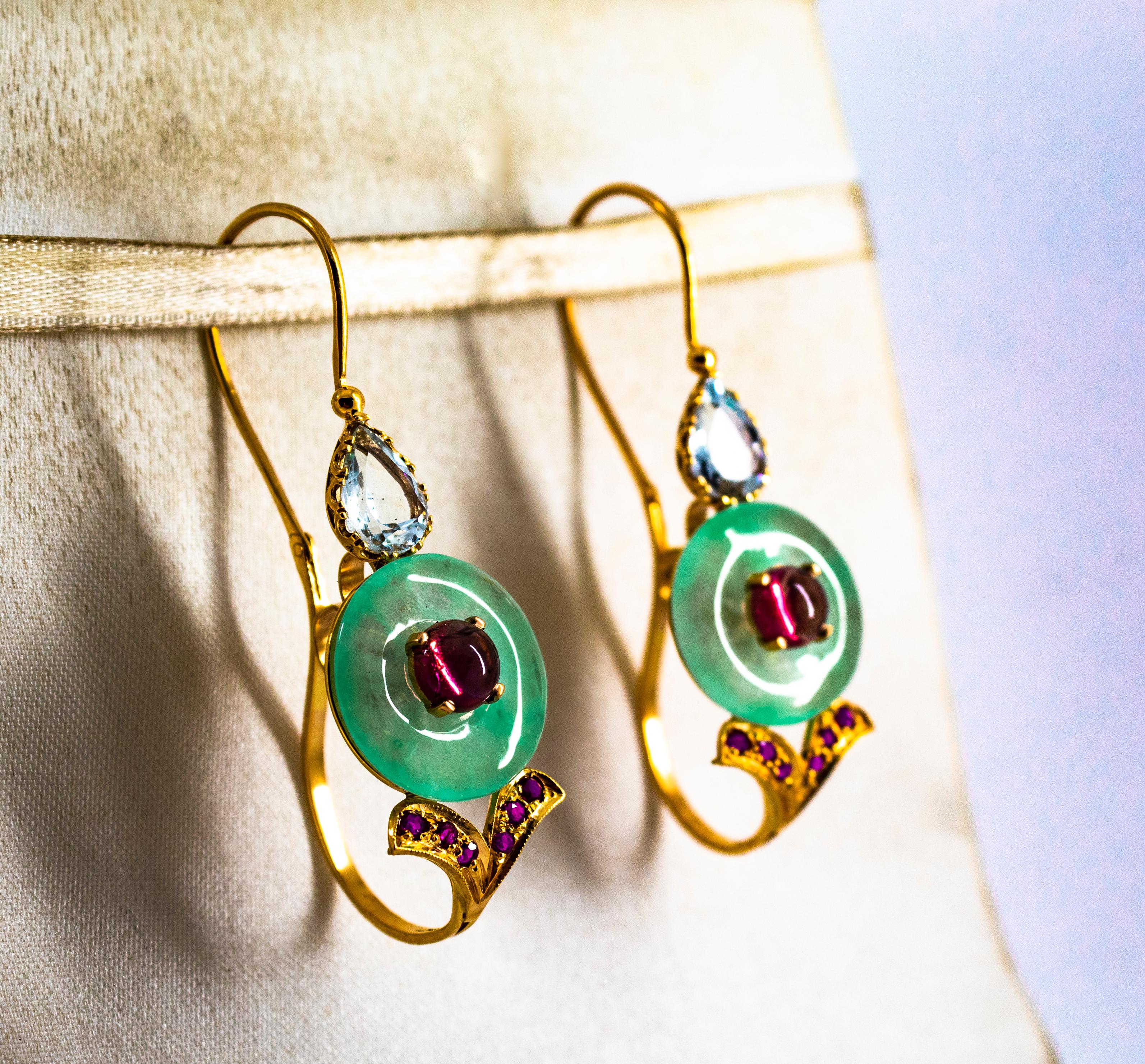 Women's or Men's Art Deco Style Ruby Tourmaline Jade Aquamarine Yellow Gold Lever-Back Earrings