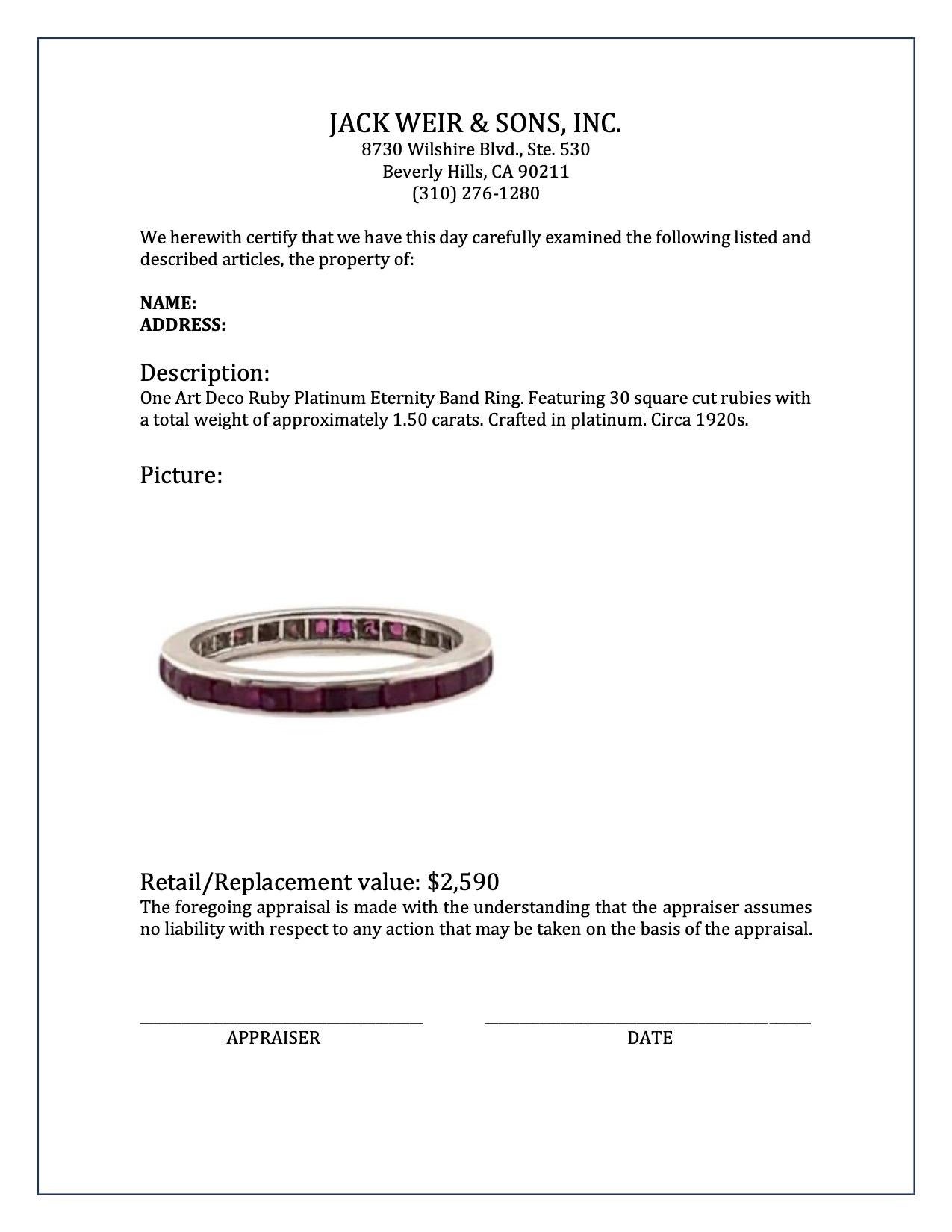 Women's or Men's Art Deco Ruby Platinum Eternity Band Ring