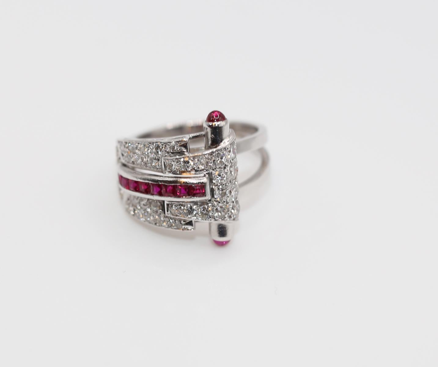 Women's Art Deco Ruby Platinum Gold Diamond 1.35 Ct  Ring, 1920 For Sale
