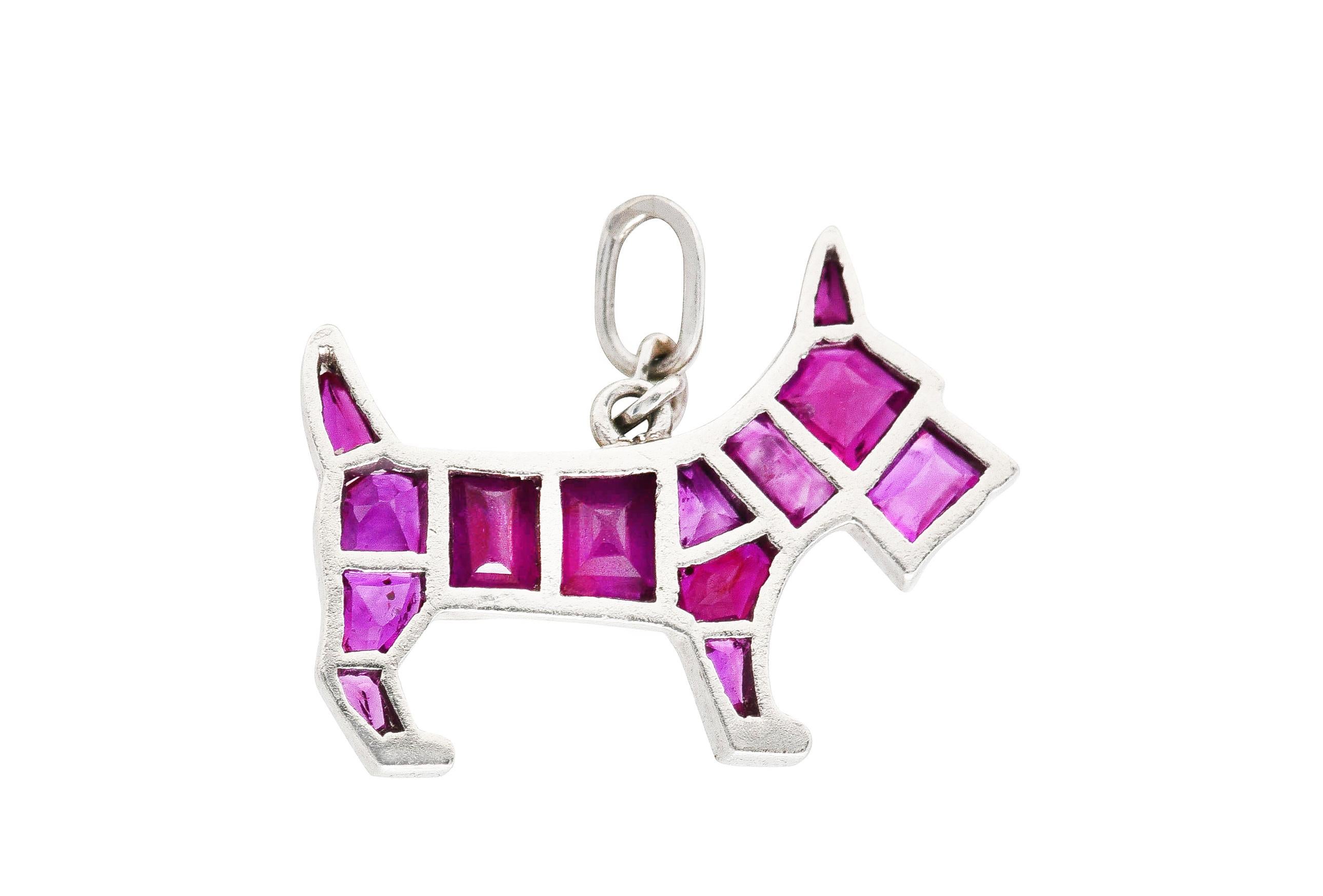 Square Cut Art Deco Ruby Platinum Scottish Terrier Dog Charm