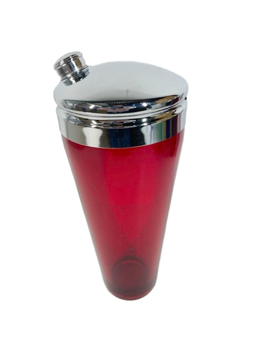 Ruby red Art Deco cocktail shaker with chrome lid.