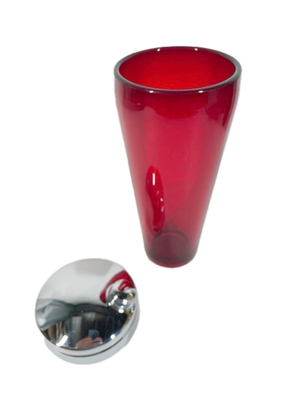 American Art Deco Ruby Red Cocktail Shaker with Chrome Lid