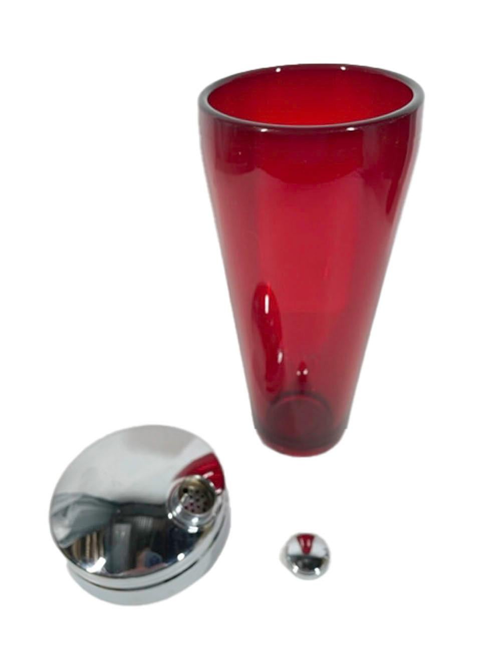 Art Deco Ruby Red Cocktail Shaker with Chrome Lid In Good Condition In Nantucket, MA