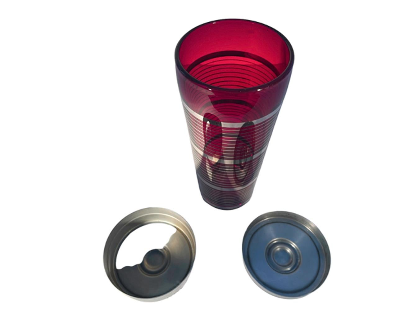 American Art Deco Ruby Red Cocktail Shaker with Platinum Bands and Two-Part Chrome Lid For Sale
