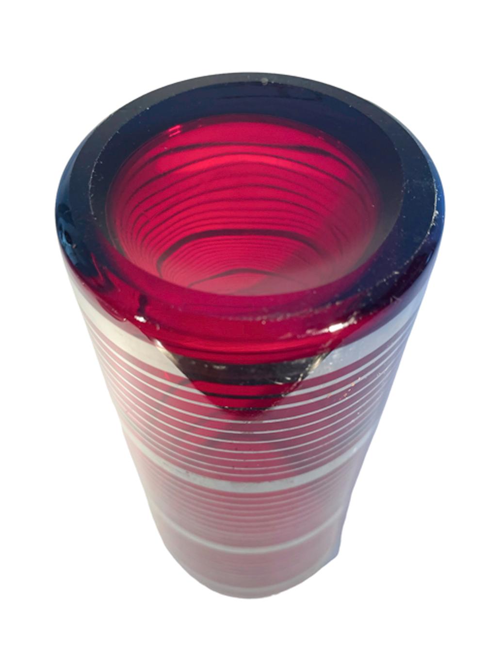 Glass Art Deco Ruby Red Cocktail Shaker with Platinum Bands and Two-Part Chrome Lid For Sale