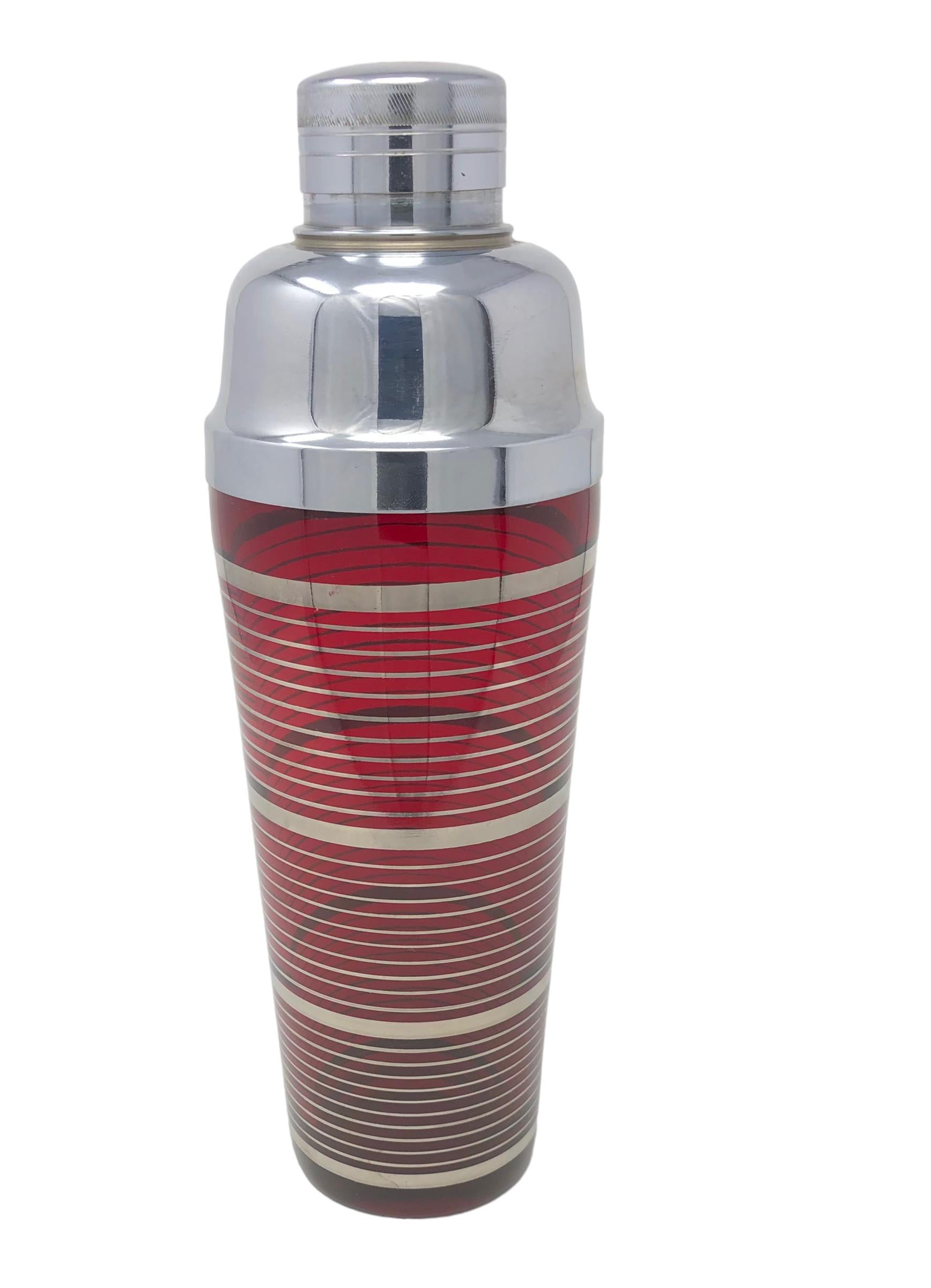 Art Deco Ruby Red Cocktail Shaker With Silver Bands And Chrome Lid For Sale 2